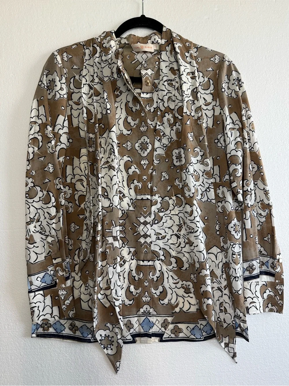 Tory Burch Silk Tie Neck Button Down Floral Tunic Blouse Taupe Cream Size 4